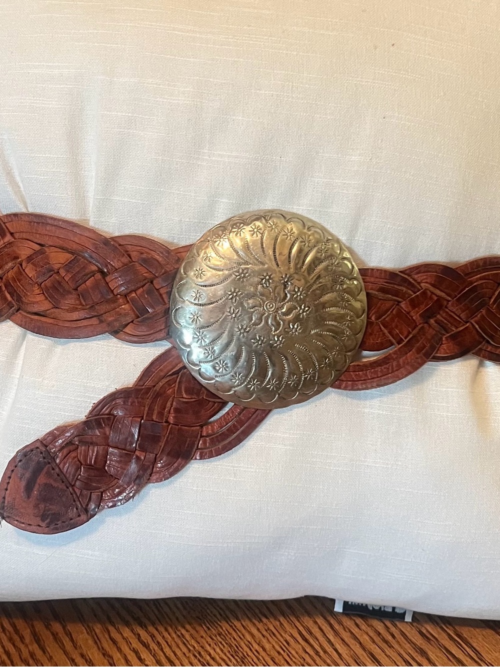Vtg Moroccan Braided Brown Leather Belt w/Large Silver-Tone Buckle